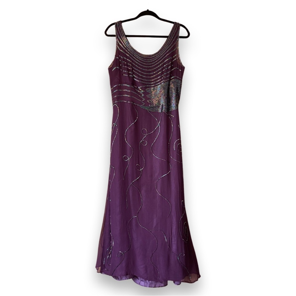 Purple Beaded Night Gown Evening Dress Chiffon sleeveless with shawl
